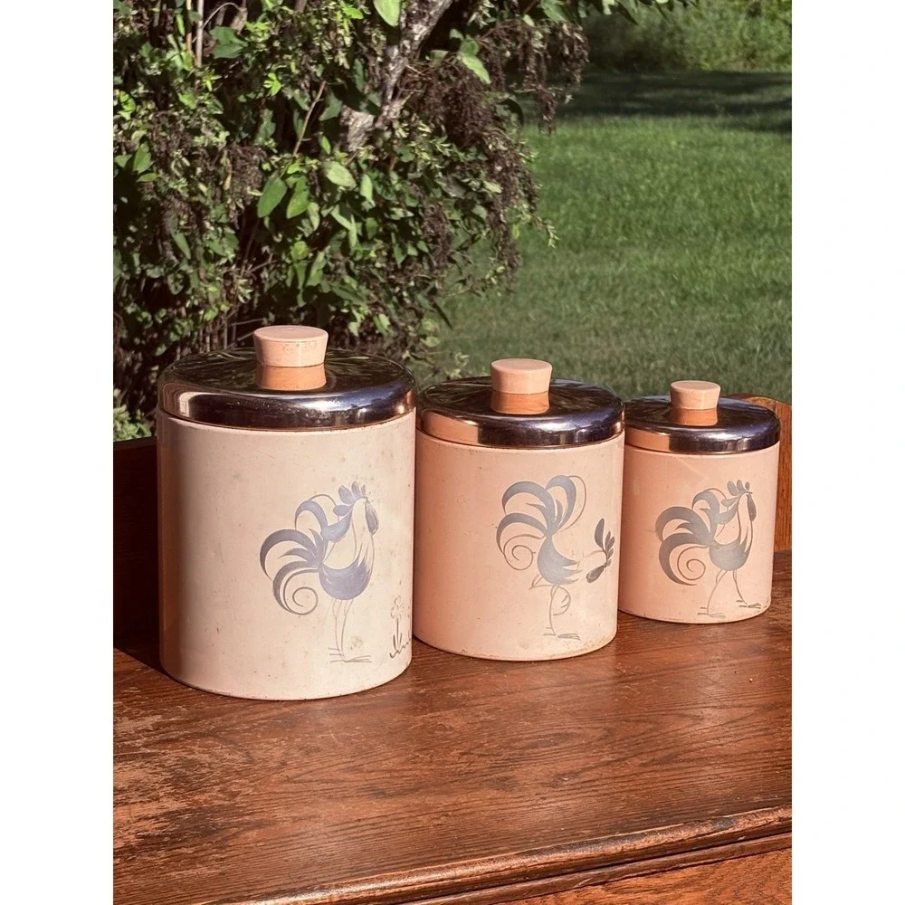 Vintage Set Of 3 Ransburg  Indianapolis Metal Canisters Rooster Pink Copper Nest
